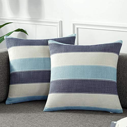AmHoo Pack of 2 Farmhouse Stripe Check Throw Pillow Covers Set Case Cotton Linen Decorative Pillowcases Cushion Cover for Couch Bench Sofa 20x20Inch Light Grey Beige 